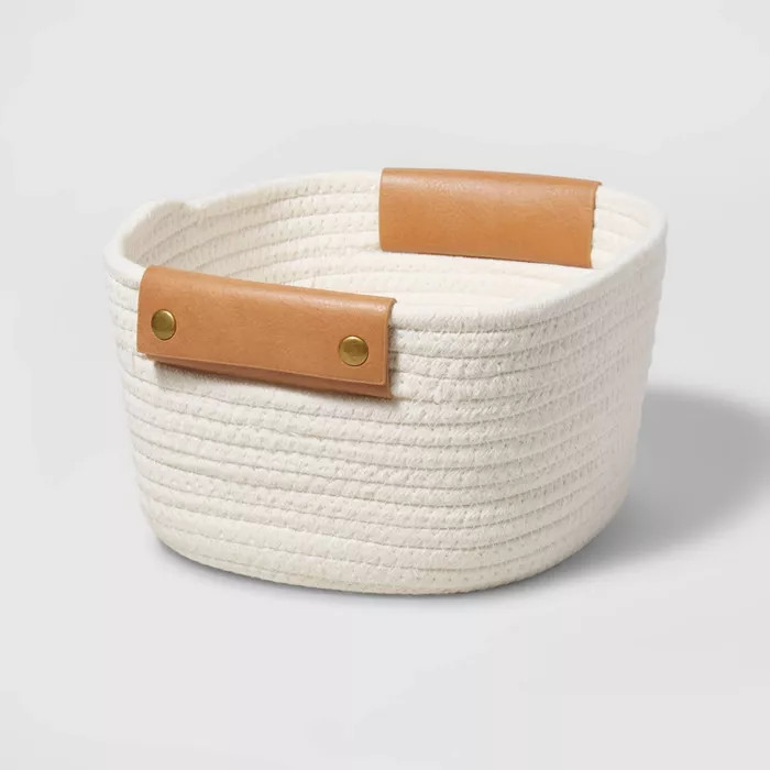 11" Decorative Coiled Rope Square Base Tapered Basket with Leather Handles Small White - Brig... | Target