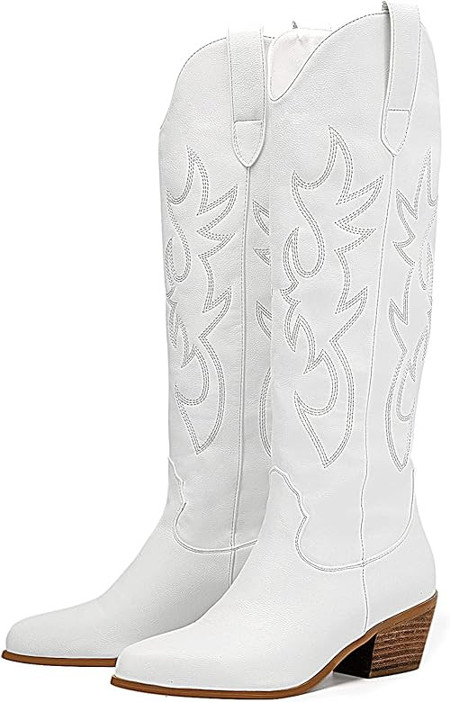 Women's Cowgirl Embroidered Western Knee High Boots, Pointed Toe Medium Chunky Heel 5cm Stitching Pu | Amazon (US)