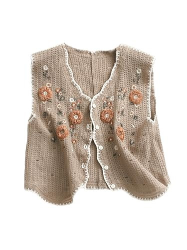CUFEZN Womens Floral Print Sweater Vest Sleeveless V Neck Vintage Button Front Cardigan Crochet Crop Knit Vest Top Coffee X-Small | Amazon (US)