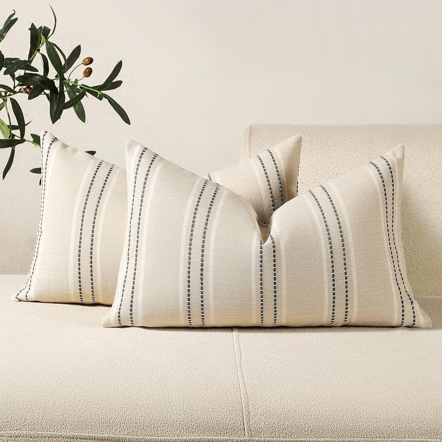 Hckot Hand Made Throw Pillow Covers 12x20 Set of 2 Striped Pillow Covers Textured Linen Decorativ... | Amazon (US)
