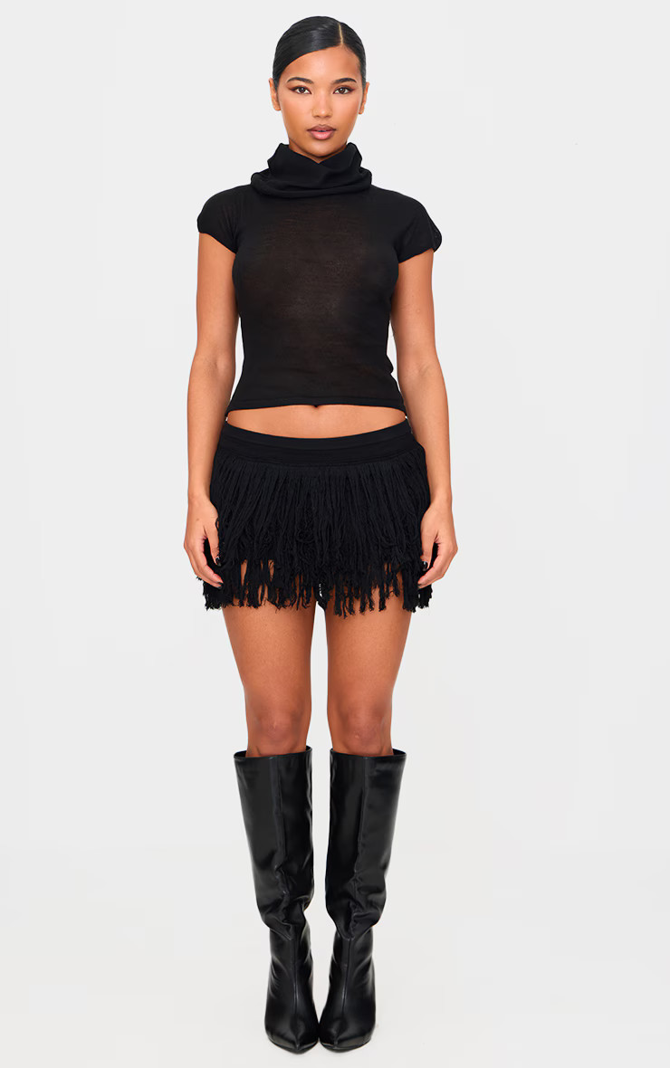 Black Fine Knit Fringe Hem Mini Rara Skirt | PrettyLittleThing UK