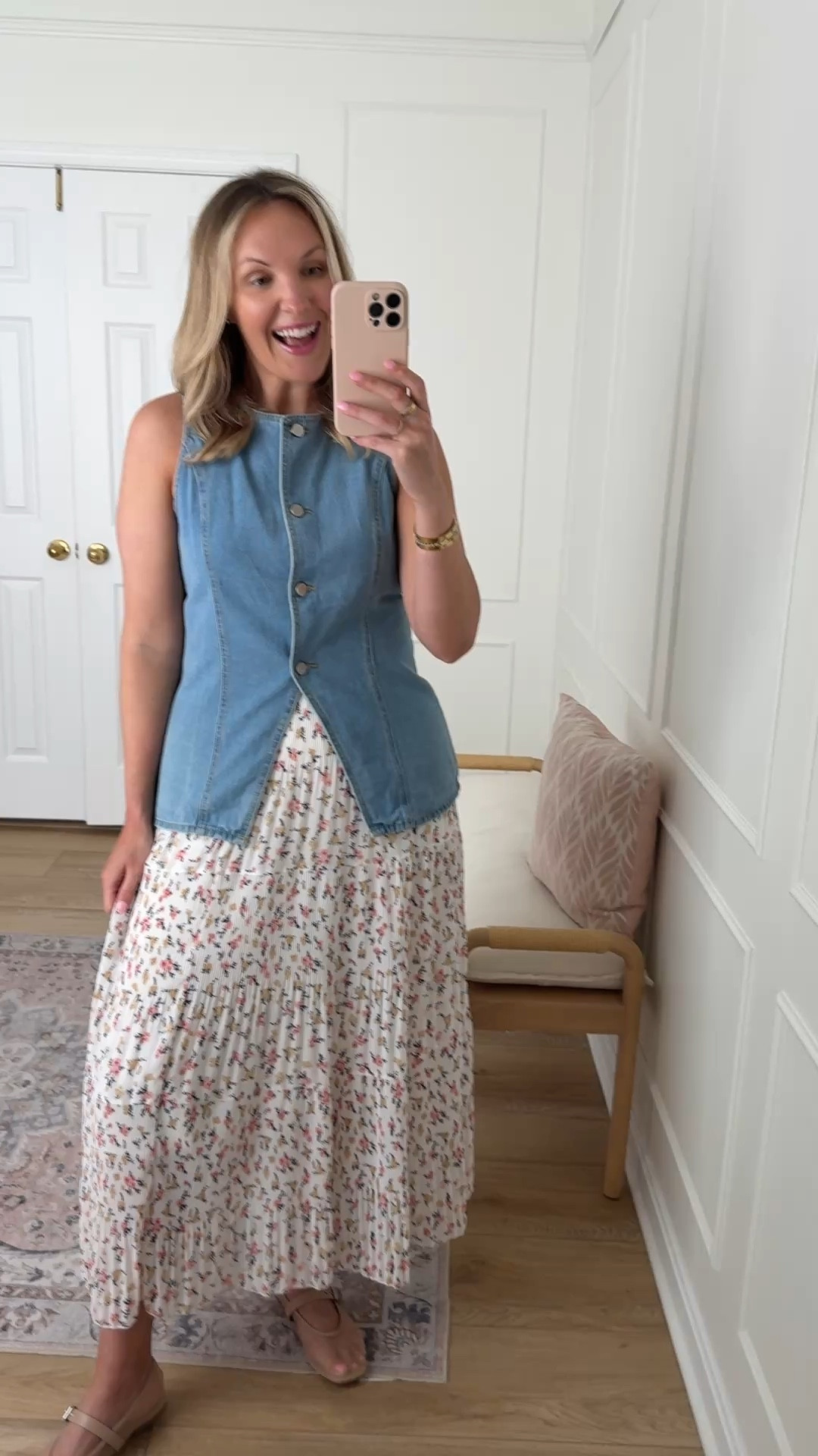 Casual spring outfit - wearing a med top and large skirt 