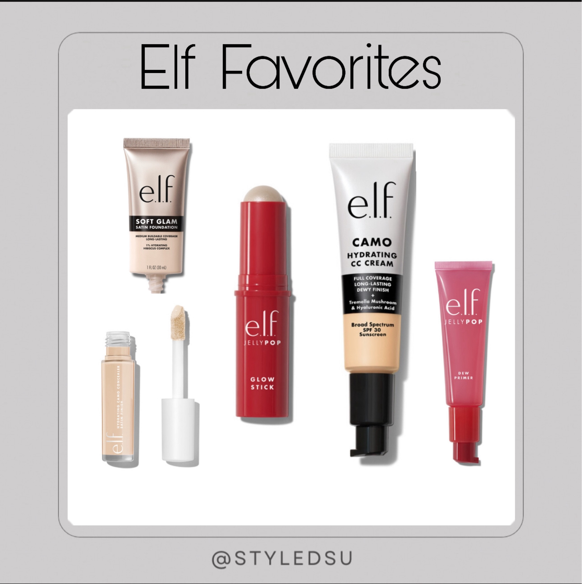 Elf cosmetics.
Elf Soft Glam Satin Foundation
Elf Camo Hydrating CC Cream

Elf Jelly Pop Glow Stick
Elf Jelly Pop Dew Primer
Elf Hydrating Camo Concealer.




#LTKSummerSales #LTKxelfCosmetics #LTKBeauty