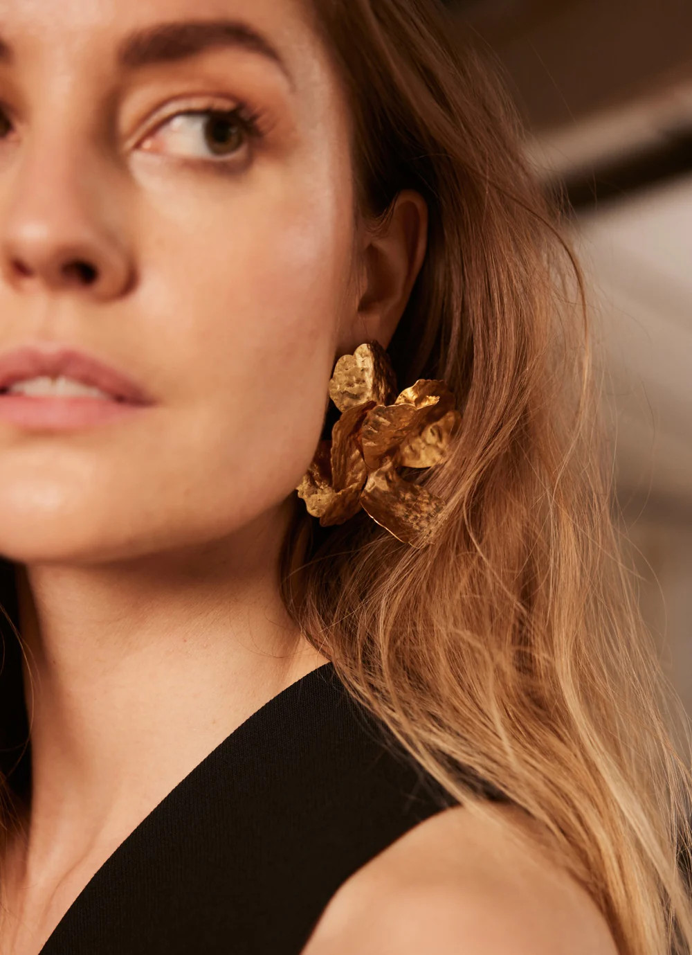 Gold Tone Hammered Floral Earrings | Mint Velvet