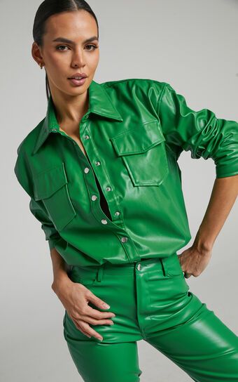 Selenia Button Front Faux Leather Shirt in Green | Showpo (US, UK & Europe)