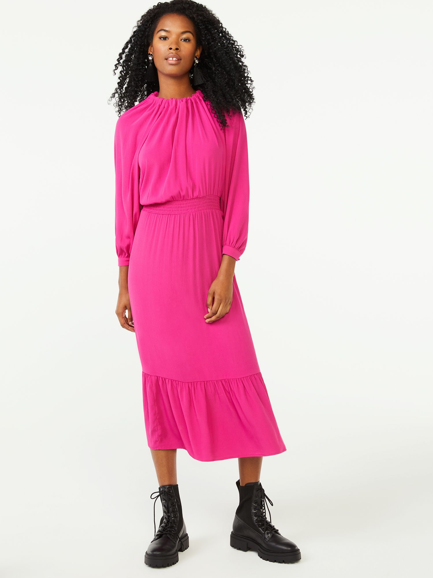Scoop Women's Long Sleeve Blouson Midi Dress W/Back Bow | Walmart (US)