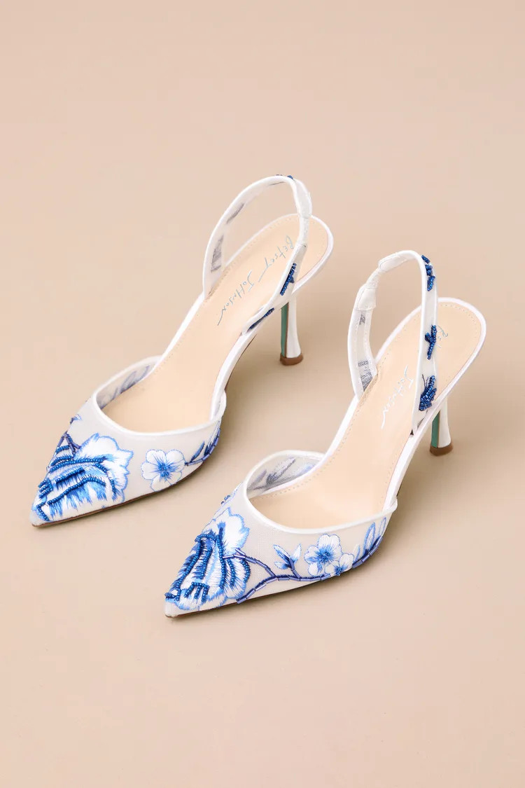 SB-Patch Blue Floral Embroidered Satin Pointed-Toe Pumps | Lulus