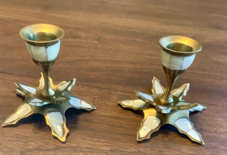 Mother of Pearl Inlaid Small Brass Candle Sticks | Etsy (US)