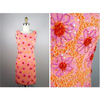 60S Neon Beaded Dress ‣ Red & Pink Floral Orange Sequin 1960S Mini | Etsy (US)