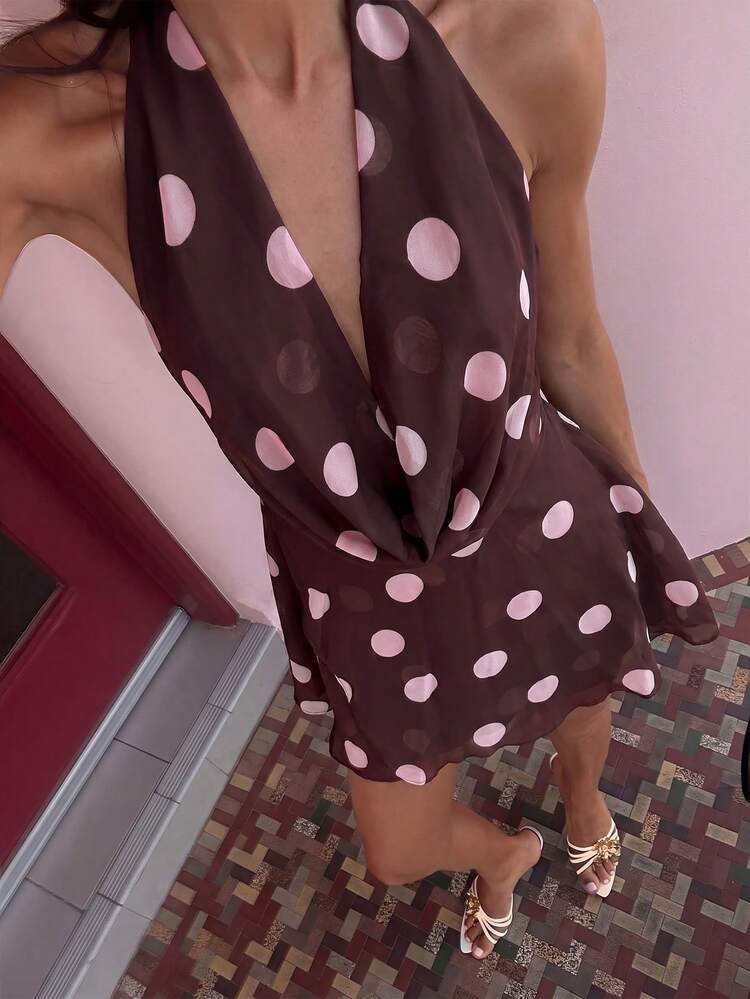 Opulessa Women's Fashionable Brown And Pink Polka Dot Mini Halter Dress Party Night Out Date Nigh... | SHEIN