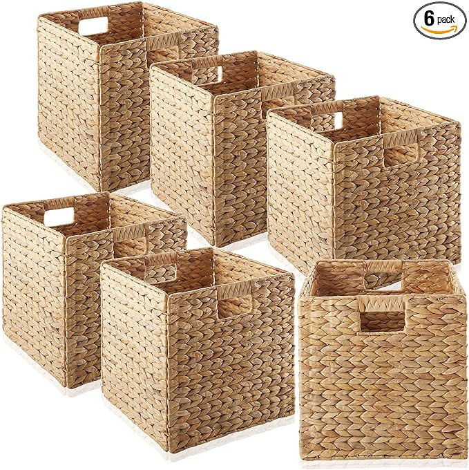 Casafield 12" x 12" Water Hyacinth Storage Baskets, Natural - Set of 6 Collapsible Cube Organizer... | Amazon (US)