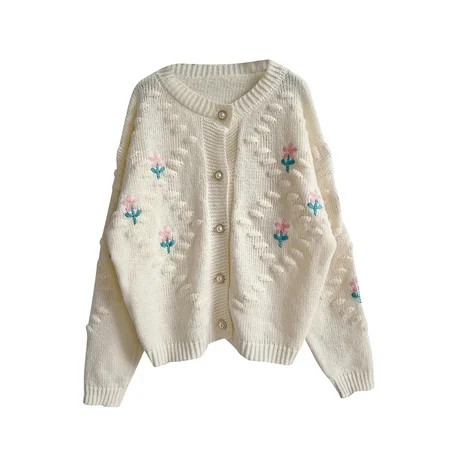 Sedceaty Women s Autumn Winter Knitted Sweater Beige Long Sleeve Flower Embroidery Button Knitwear | Walmart (US)