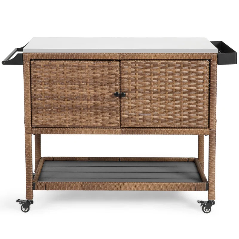 Outdoor Wicker Waterproof Stainless Steel Top BBQ Prep Station Serving Bar Cart with Storage Cabi... | Wayfair North America