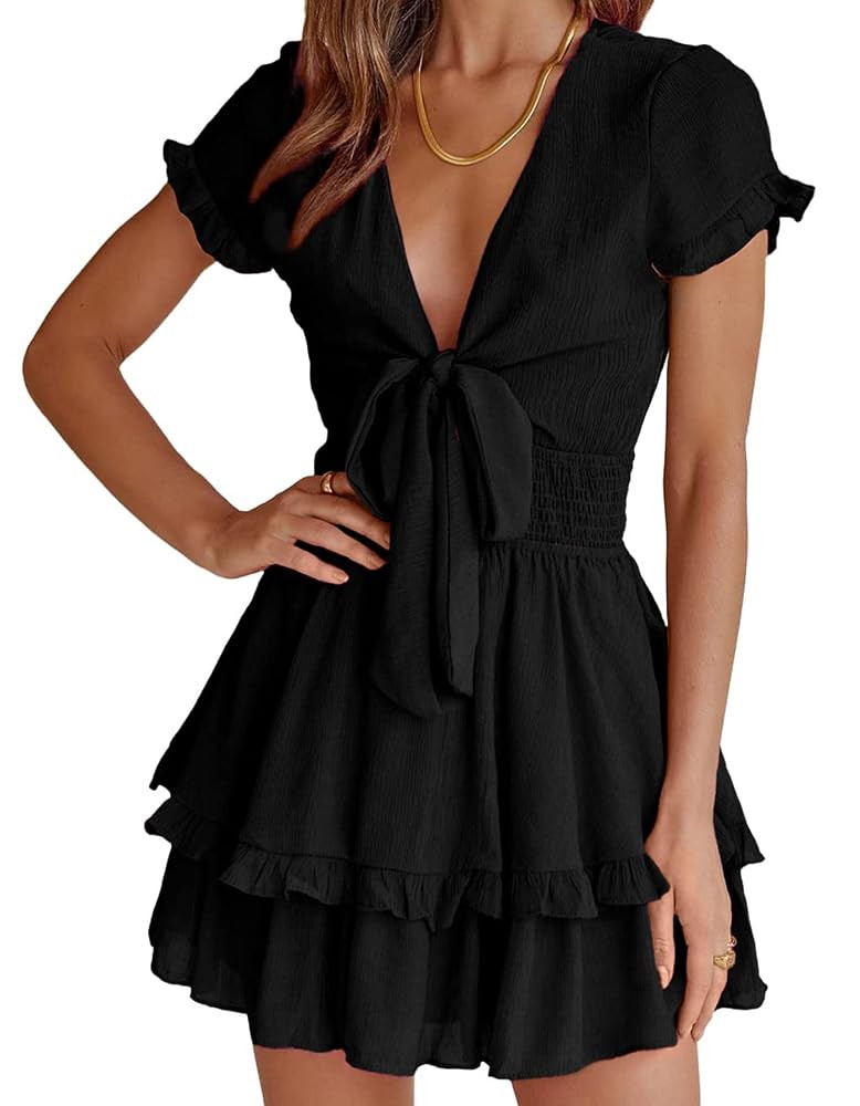 PRETTYGARDEN Women Summer Mini Short Dress 2025 Short Sleeve Casual Beach Vacation Sundress V Nec... | Amazon (US)