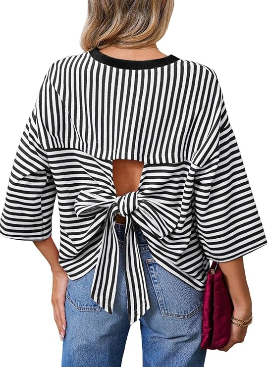Dokotoo Womens Tops 2026 Striped Tie Back Short Sleeve T Shirts Crewneck Casual Loose Basic Tee S... | Amazon (US)