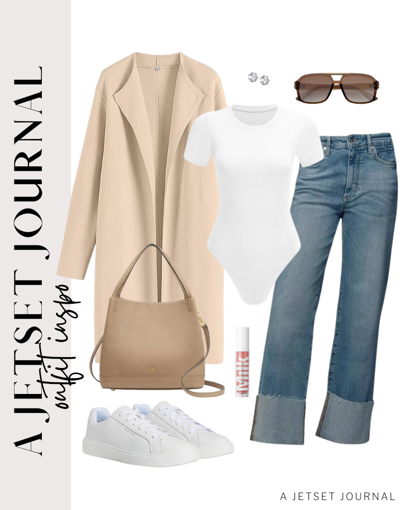 You can try the next look for your travel or errands. Pair your jeans with a white bodysuit from MLYENX and style it with an apricot-colored coat. Finish the look with a Kattee leather bucket bag and sneakers. 

 #LTKSeasonal #LTKSaleAlert #LTKTravel