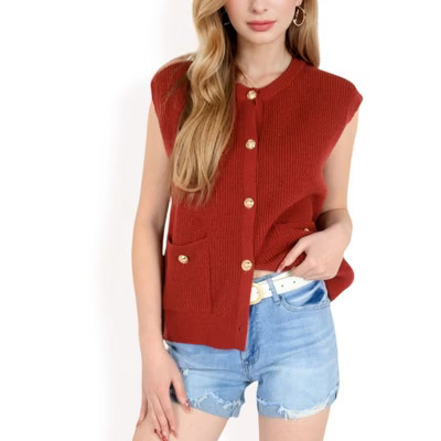 Anna-Kaci Women's Sleeveless Knit Cardigan Vest with Button Front and Pocket Detail- Red,Small | Target