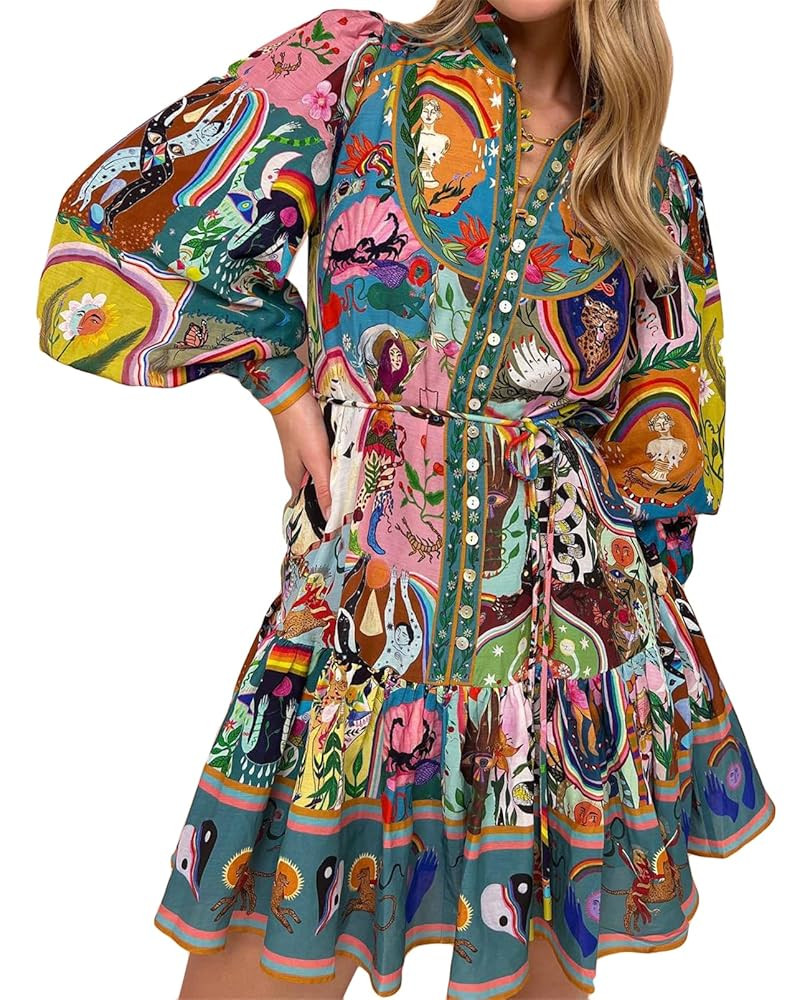 Qikaka Women's Long Puff Sleeve Turtleneck Printed Button Bodycon Sexy Nightclub Party Blouse Dre... | Amazon (US)