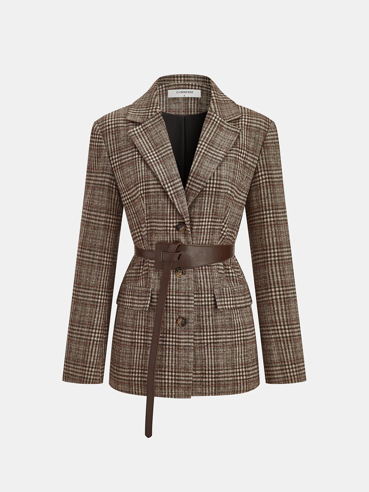 Belted Plaid Tweed Blazer | Commense