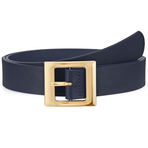 WHIPPY Women Fashion Leather Belt for Jeans Pants Dress Ladies Black Belts with Square Gold Buckle Navy Blue, M | Amazon (US)
