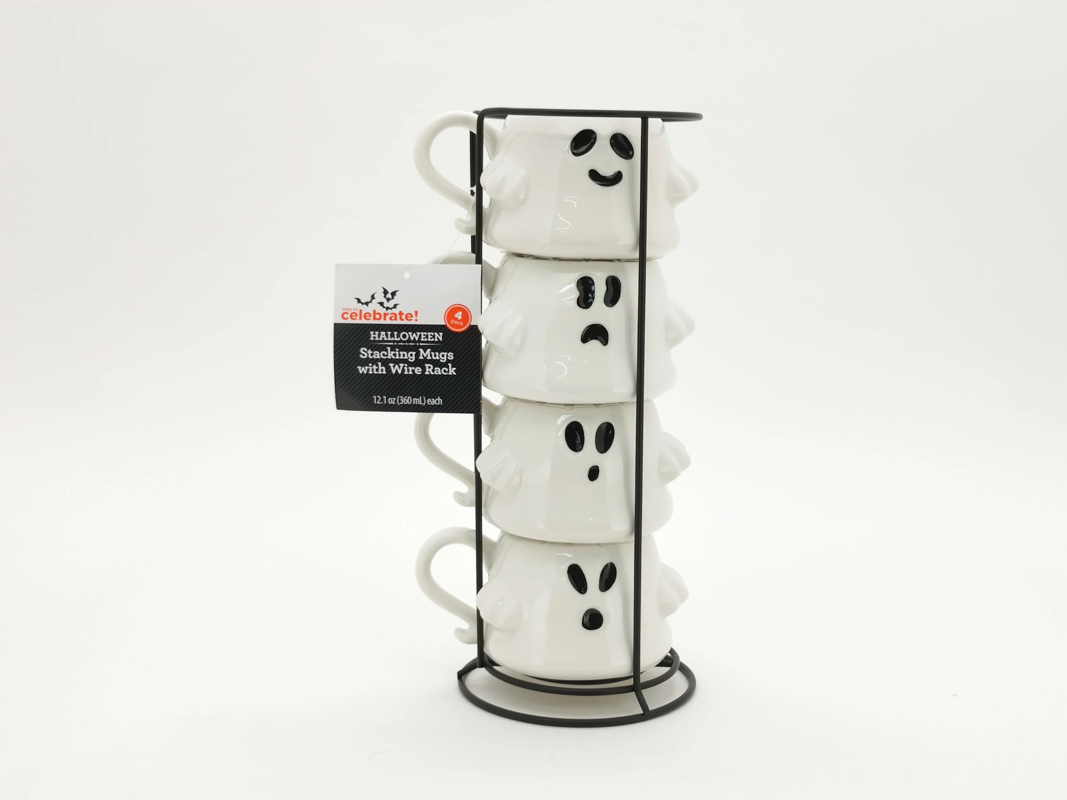 Way to Celebrate! Ghost Mug Stack, 12 fl oz Stoneware, Black and White | Walmart (US)