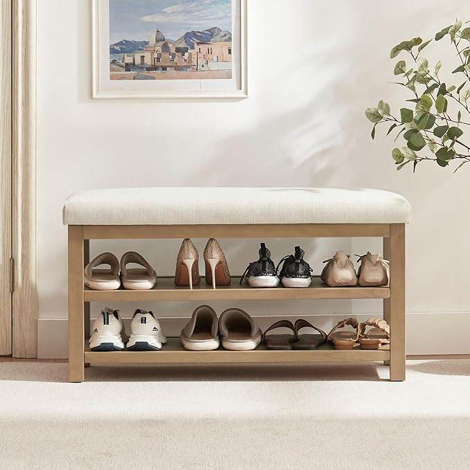 2 Tier Shoe Rack Bench with Cushion, Solid Wood Shoe Benches, Mid-Century Modern Shoe Storage Ben... | Amazon (US)