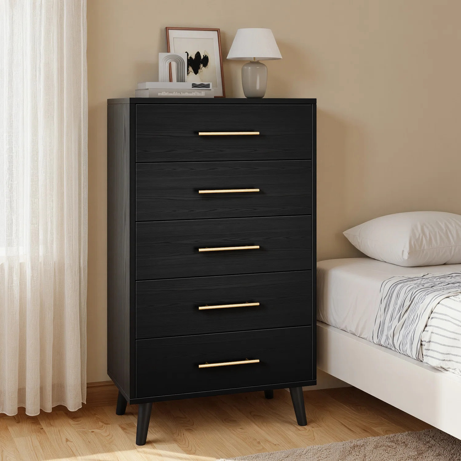 George Oliver Jakyria 5-Drawer Tall Chest with Modern, Metallic Handles, Engineered Wood Construc... | Wayfair North America