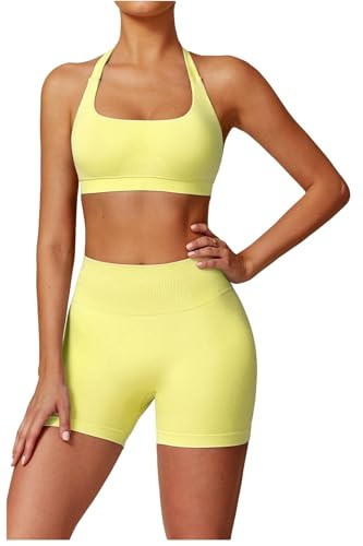 Workout Sets for Women 2 Piece Seamless Halter Sport Bra High Waist Shorts Exercise Gym Yoga Outfits (yellow, medium) | Amazon (US)