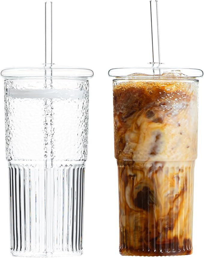 Glass Cups with Lids & Glass Straws, 20 Ounce High Borosilicate Iced Coffee Tumbler 2 Pack | Amazon (US)