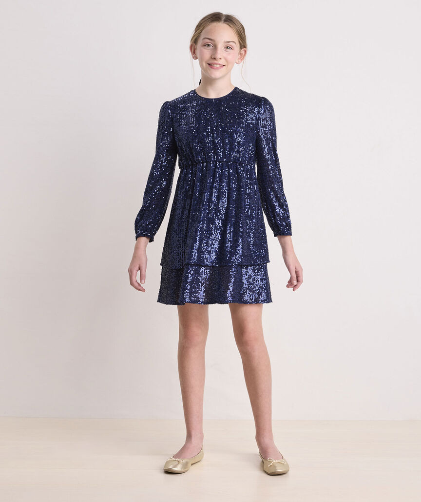 Girls' Sequin Tiered Long-Sleeve Dress | vineyard vines