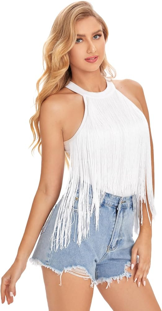 Verdusa Women's Fringe Trim Sleeveless Bodycon Halter Bodysuit Top | Amazon (US)