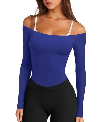 LASLULU Off Shoulder Workout Tops for Women Blue Strapless Athletic Yoga Shirts Basic Backless Casual Fall Winter Tops Activewear(Klein Blue Large) | Amazon (US)