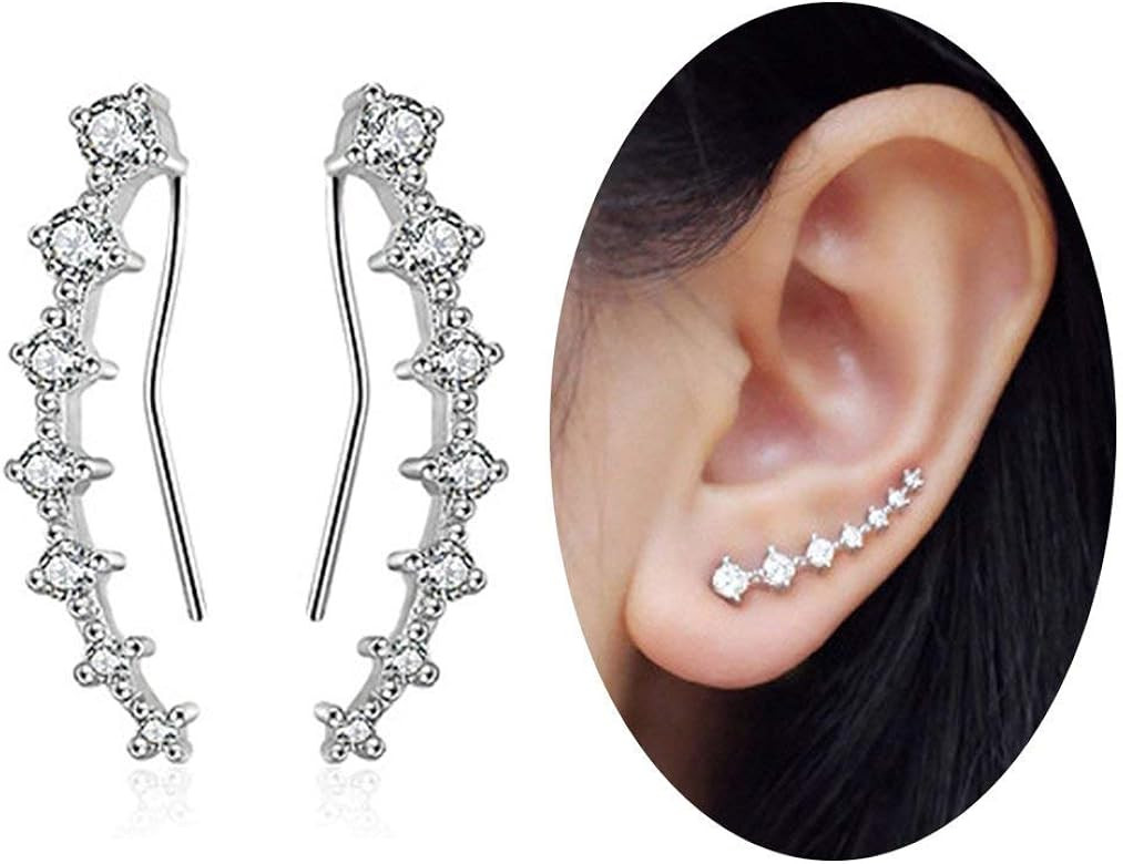 7 Crystals Ear Cuffs Hoop Climber S925 Sterling Silver Earrings Hypoallergenic Earring | Amazon (US)