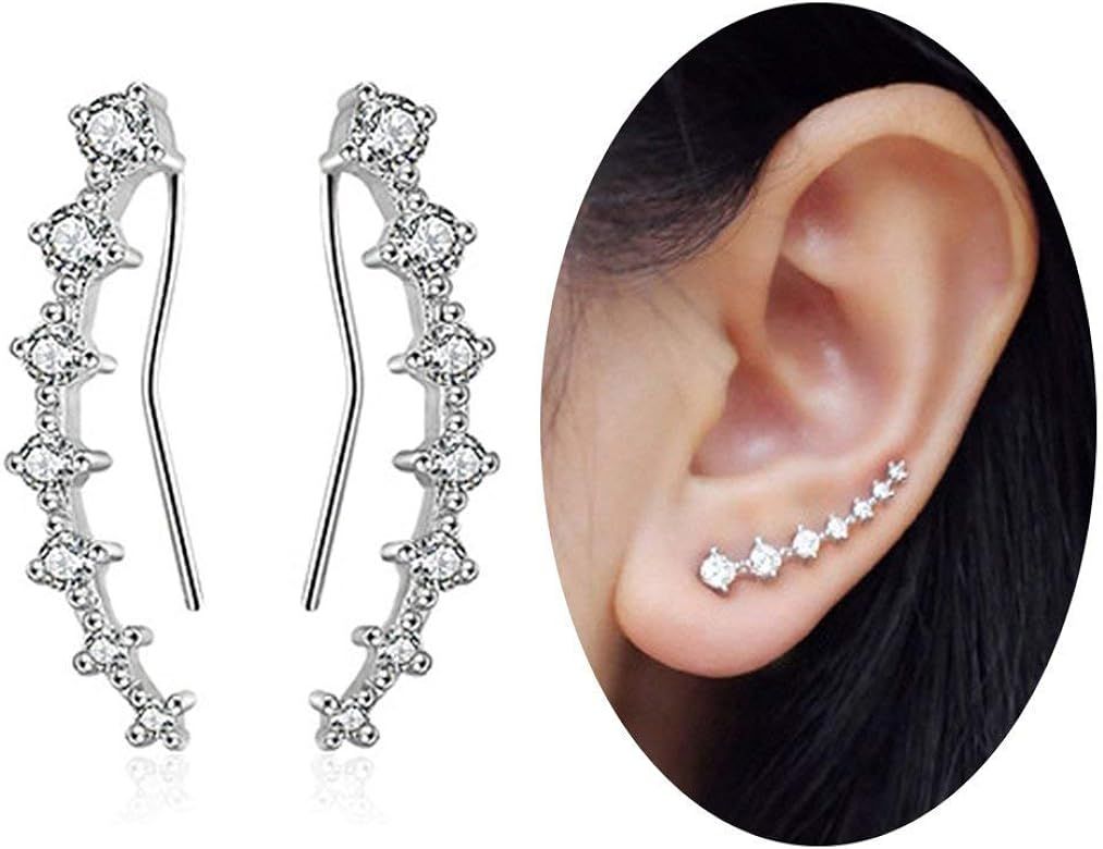 7 Crystals Ear Cuffs Hoop Climber S925 Sterling Silver Earrings Hypoallergenic Earring | Amazon (US)