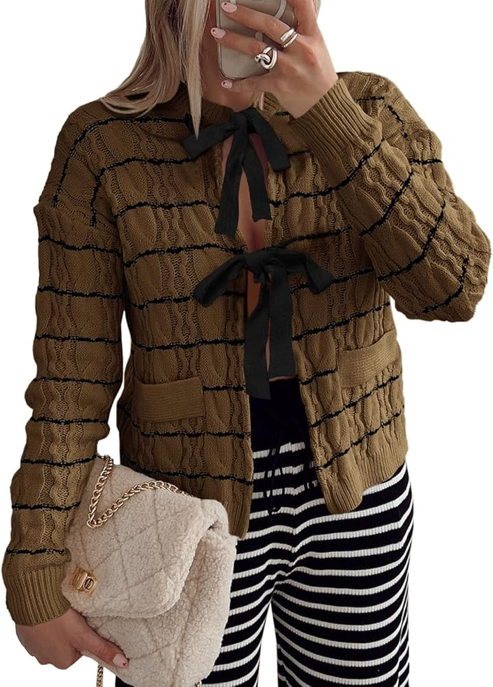 Saodimallsu Womens Striped Tie Front Cardigan Sweaters Crew Neck Long Sleeve Cable Knit Bow Knot ... | Amazon (US)