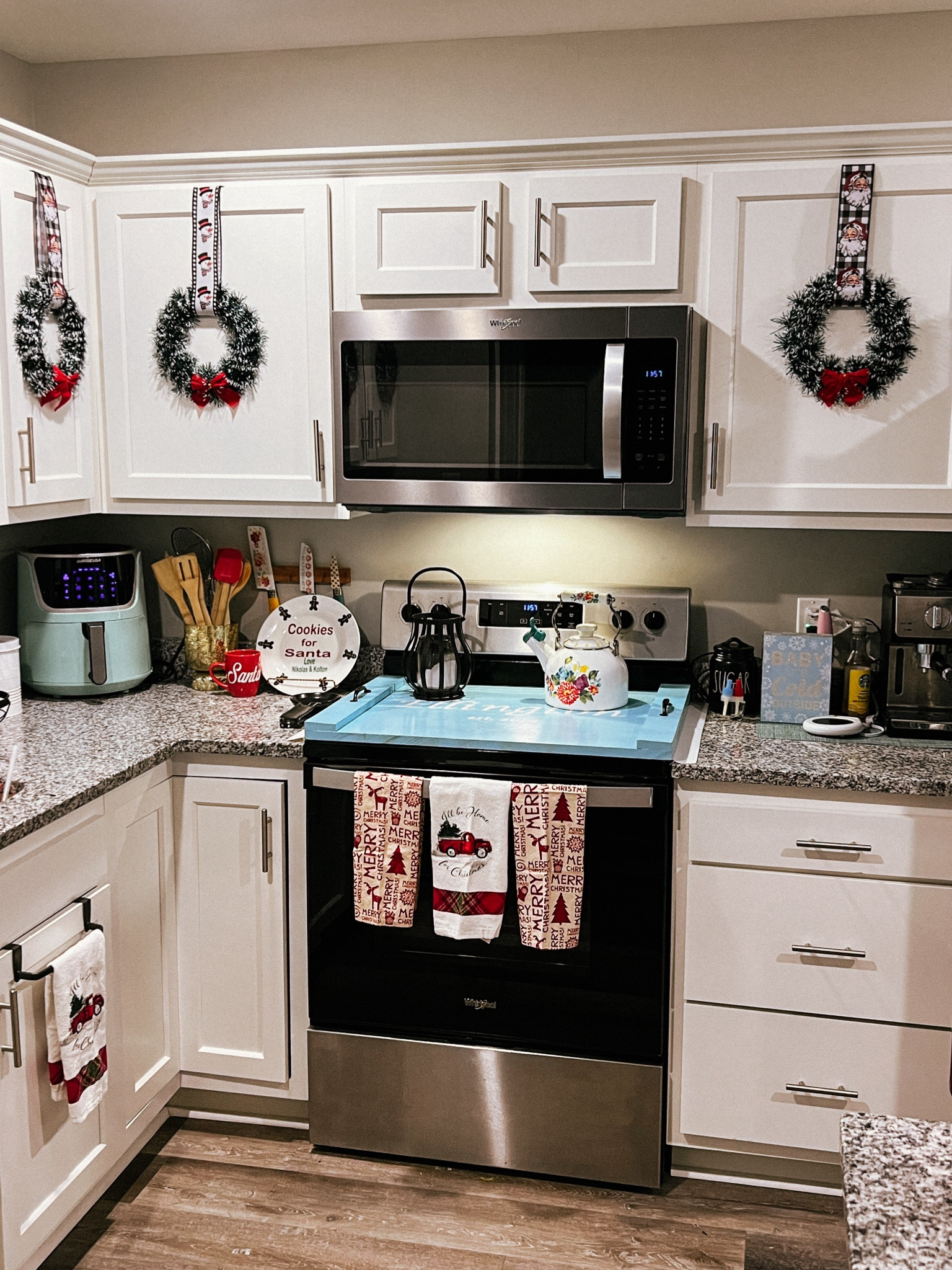 Christmas decor for this kitchen! I found a gorgeous pack of ribbon for under $20 and I used it to hang these wreaths, which I also found 6 for under $25! 

#LTKHoliday #LTKSeasonal #LTKhome