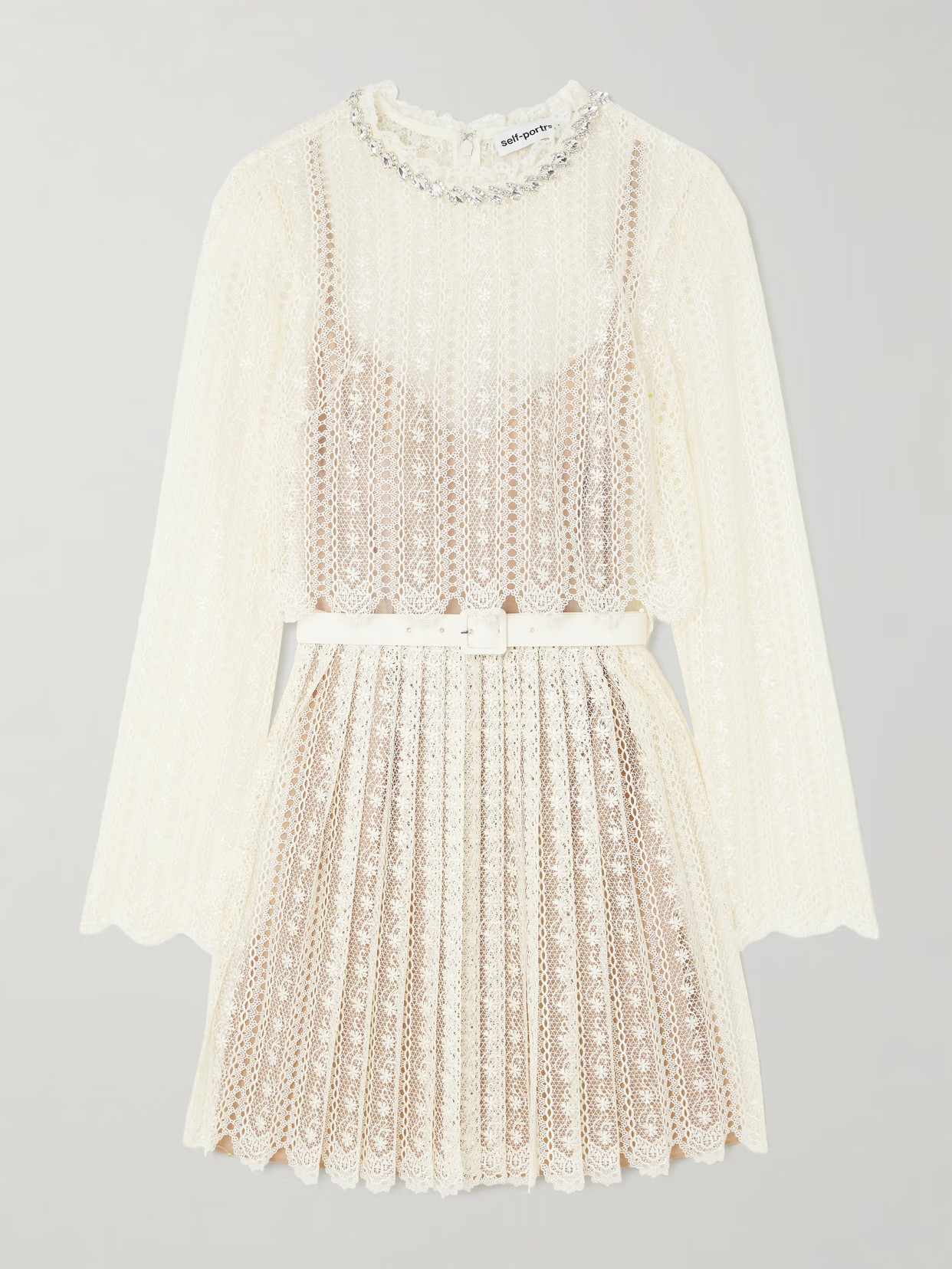 Self-Portrait - Belted Crystal-embellished Pleated Lace Mini Dress - Cream | NET-A-PORTER (UK & EU)