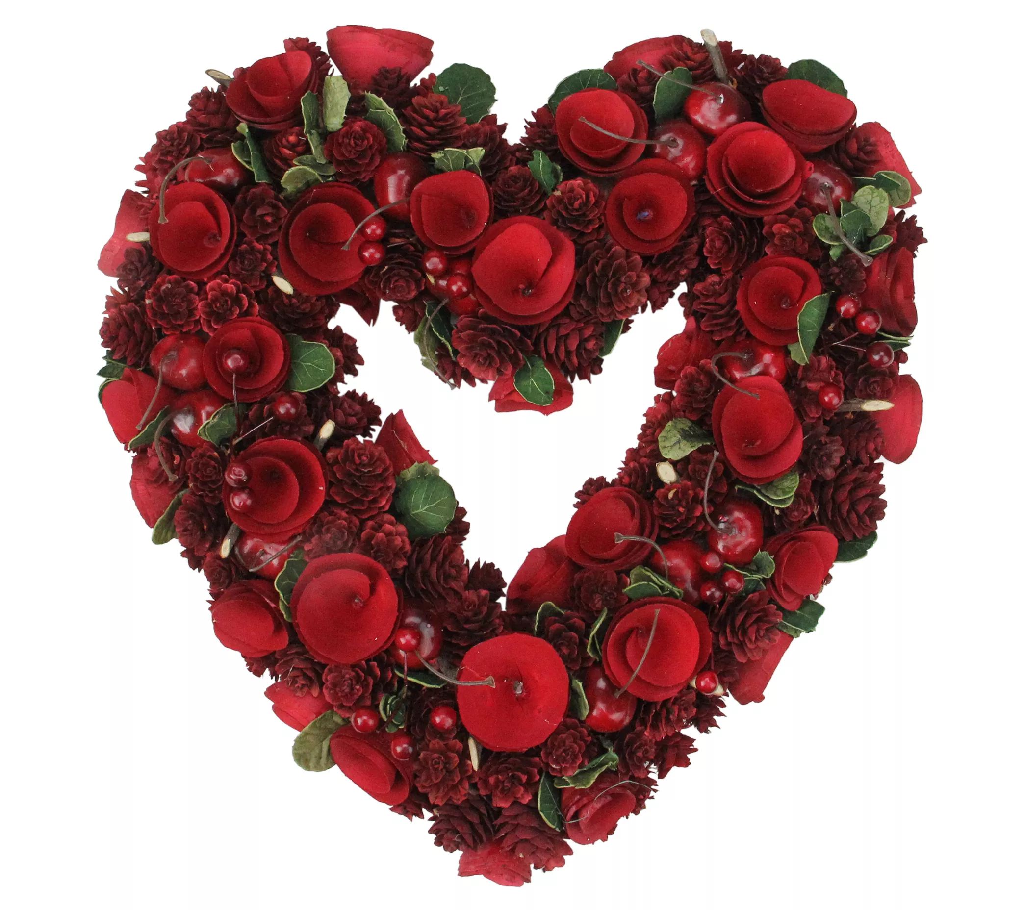 Red Wooden Rose and Cherries Valentine's Day Heart Wreath - QVC.com | QVC