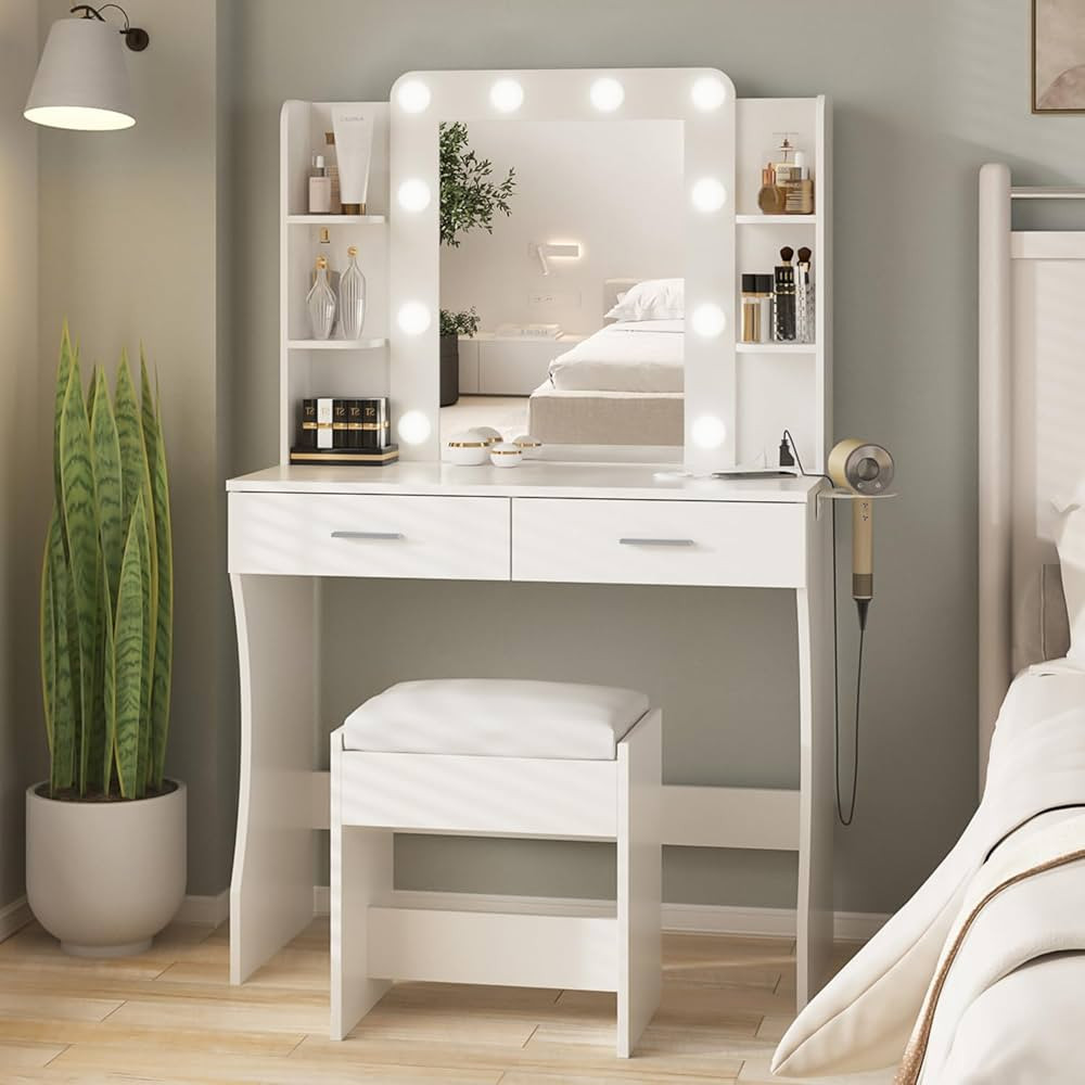Vanity Desk with Lights,Makeup Vanity with Power Strip,Dressing Table Set with 2 Large Drawers,Va... | Amazon (US)