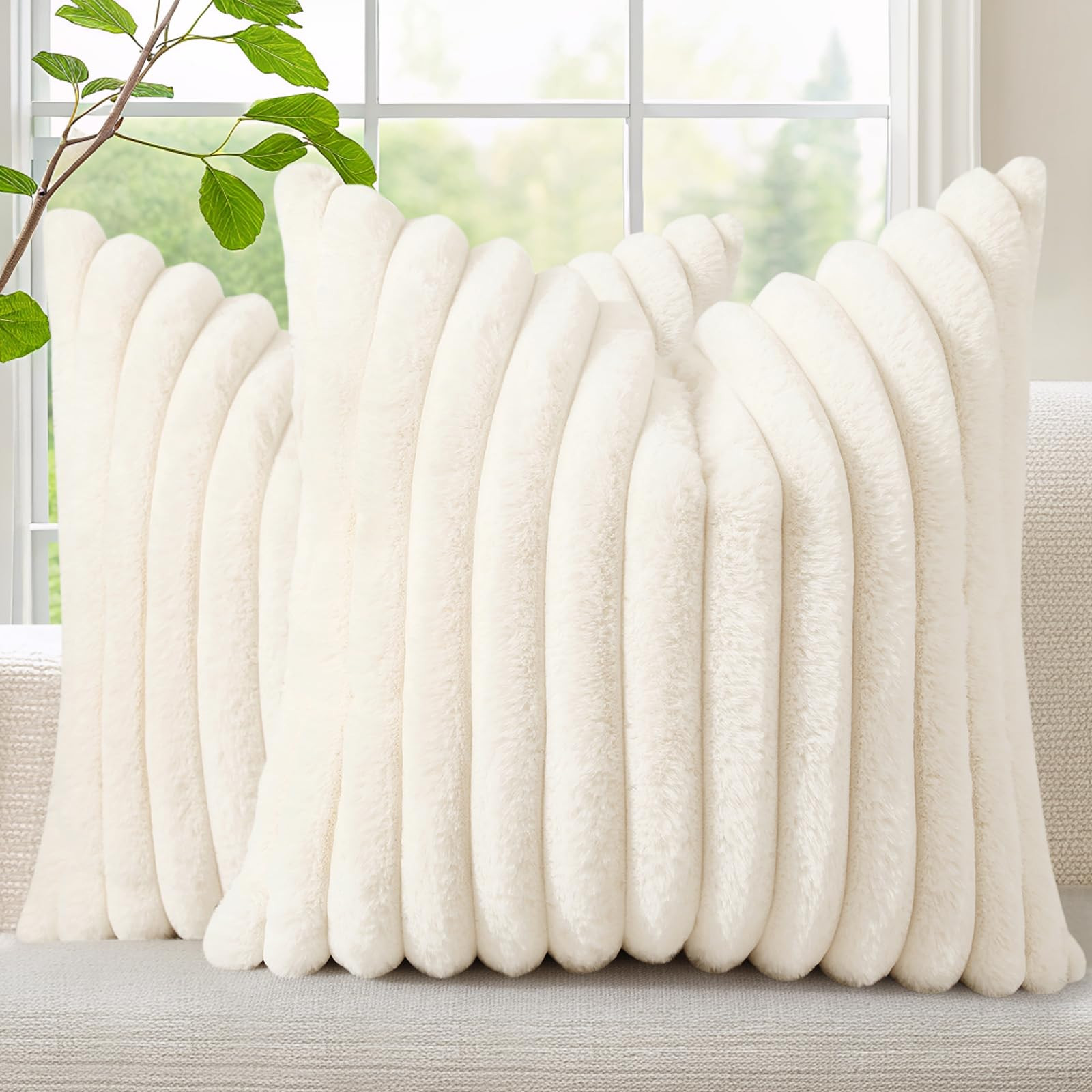 decorUhome Summer Cozy Faux Fur Throw Pillow Covers 18x18 Set of 2 Decorative Soft Plush Striped Modern Farmhouse Boho Couch Pillow Cases with Velvet Back for Sofa Bed Living Room, Cream White | Amazon (US)