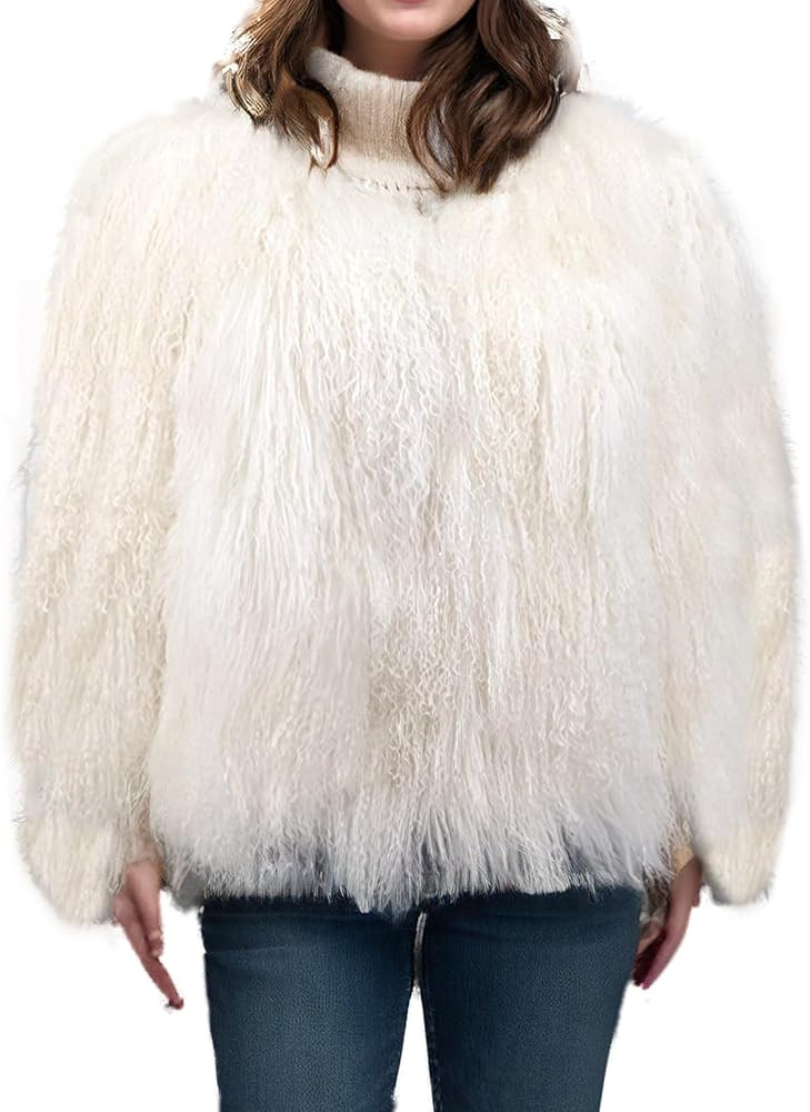 LVCOMEFF Women Real Mongolian Fur Coat Fur Jacket Long Sleeve Shaggy Outwear Premium Warm Winter | Amazon (US)