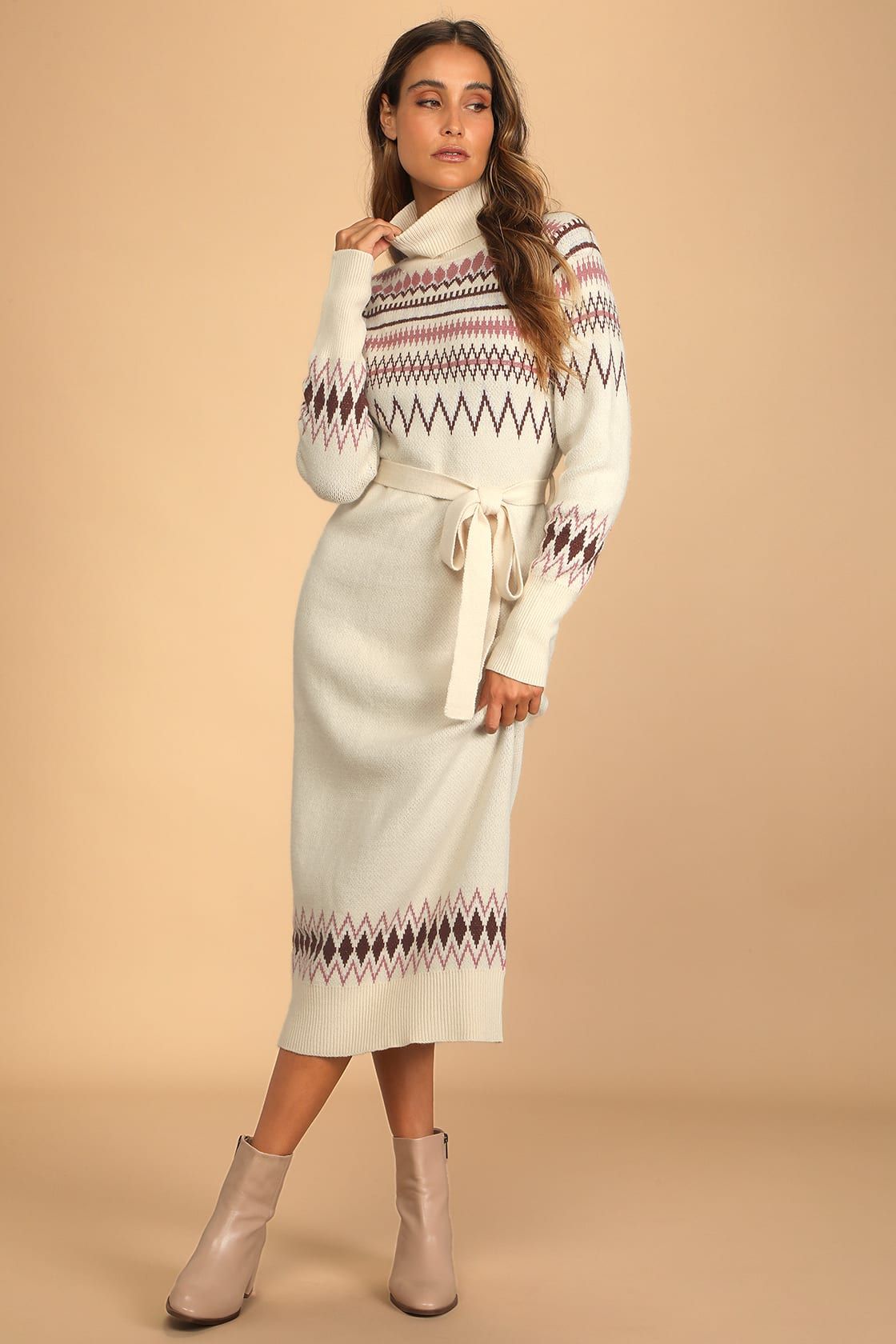 Chilly Forecast Cream Multi Knit Turtleneck Sweater Midi Dress | Lulus (US)