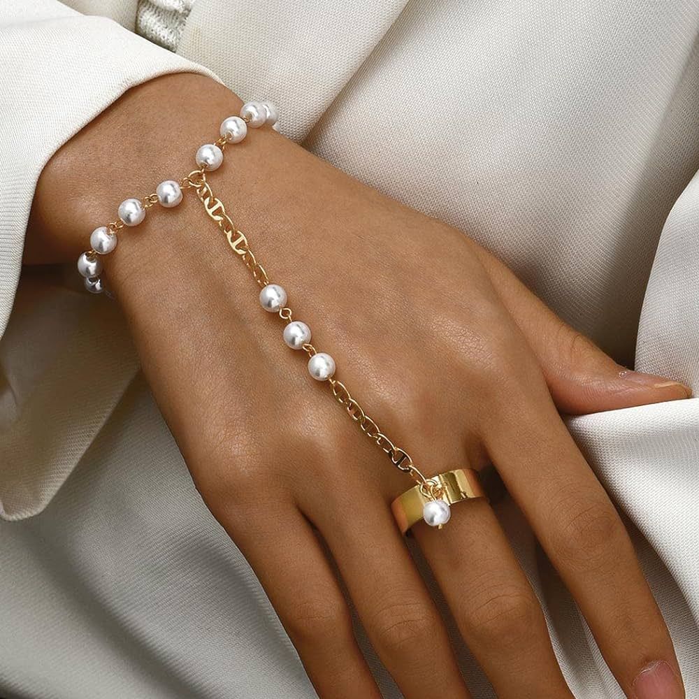Ring Bracelet Hand Chain Pearl Finger Ring Bracelets Gold Slave Hand Harness Bracelet Fashion jew... | Amazon (US)