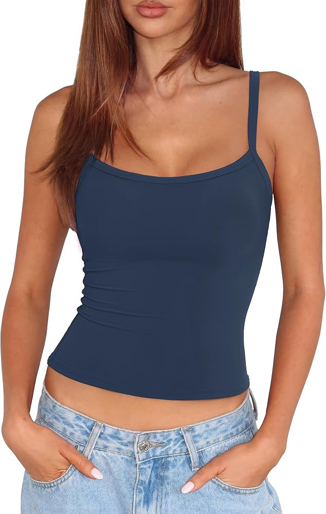 SUUKSESS Women Built in Bra Tank Tops Double Line Going Out Basic Square Neck Camisole Top | Amazon (US)