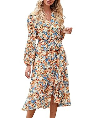 PRETTYGARDEN Women's Floral Print Boho Dress Long Sleeve Wrap V Neck Ruffle Belted A-Line Flowy M... | Amazon (US)