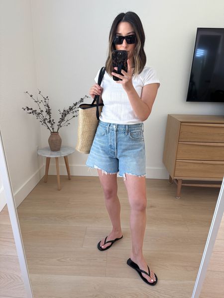Pointelle tee. Wearing the small. My favorite new denim shorts. I sized up!

Topshop tee small
Agolde shorts 25
Madewell sandals 5
Madewell tote 
YSL sunglasses  

#LTKshoecrush #LTKitbag