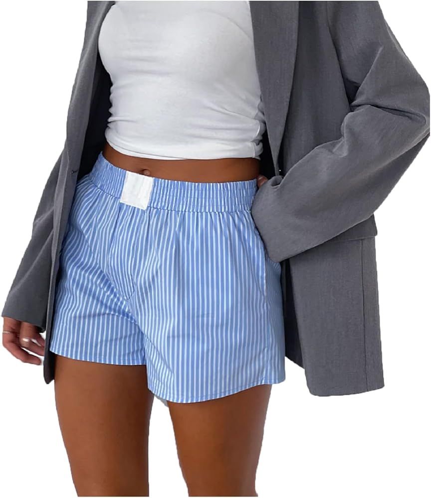 Women Striped Boxer Shorts Y2k Cute Stripe Lounge Pajama Shorts Elastic Waist Pj Bottoms with Poc... | Amazon (US)