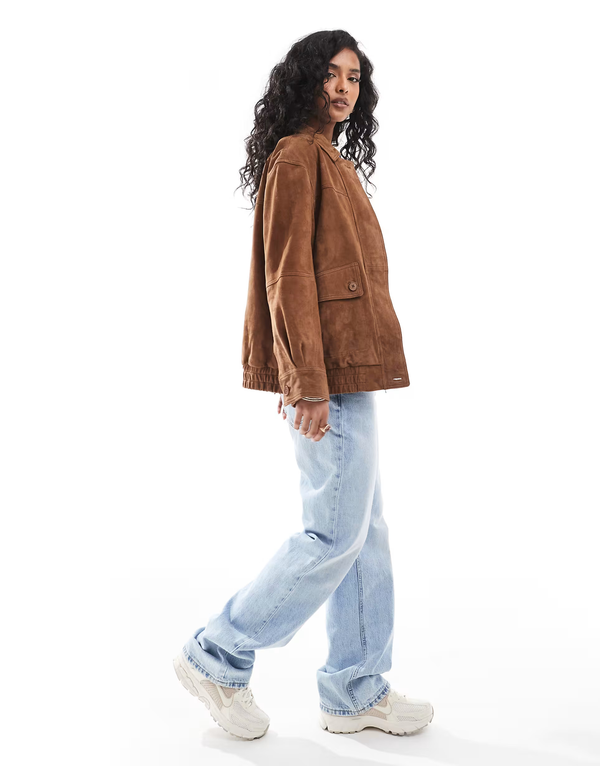 ASOS DESIGN real suede oversized bomber jacket in tan | ASOS (Global)