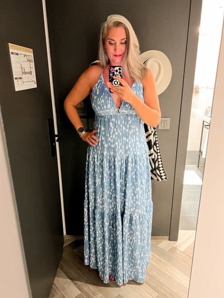Outfits of the week. Beautiful blue tall maxi dress with an open back paired with silver sandals. 

#LTKmidsize #LTKover40 #LTKeurope