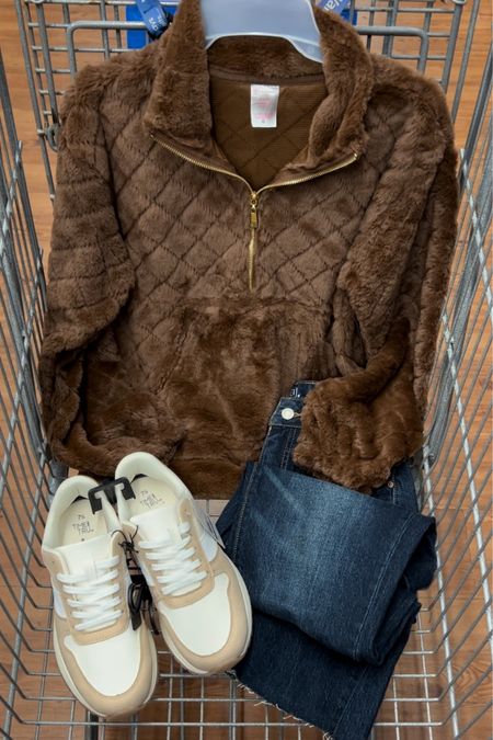 Soft faux fur quarter zip pullover by no boundaries at Walmart! I would go up one size. (I’m a medium in this). 

Jeans go up two sizes.

#LTKunder50 #LTKstyletip #LTKGiftGuide